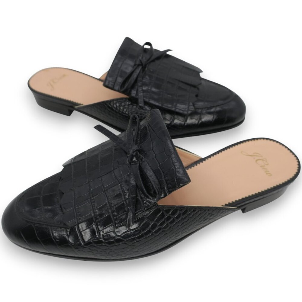 J. Crew Factory Black Croc-Embossed Leather Kiltie Mules